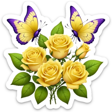 Bouquet of yellow roses. Purple butterflies are flying near it.  sticker