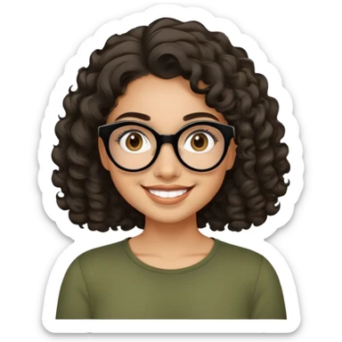 Young Latina woman with light tan skin. Round friendly face with dimples when smiling. Dark brown eyes behind black-framed glasses. Thick arched eyebrows. Shoulder-length curly voluminous hair. Big smile. Wearing an olive green top. sticker