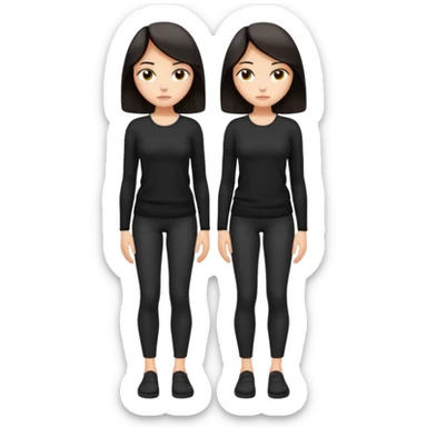Cartoon emoji of a woman with long, loose dark hair, wearing simple black clothes. Full-height, standing nervously with hunched shoulders, head slightly down, arms close or crossed, legs together, eyes looking away. Smooth, simple, stylized. sticker