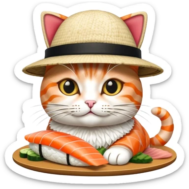 cat wearing a hat made out of sushi sticker