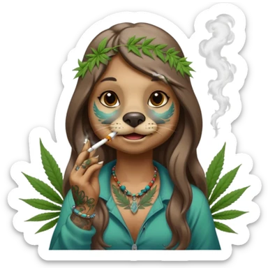 a female otter with long hair smoking a joint surrounded by marijuana fumes. a bit california hippy vibe, with tattoos and piercing sticker