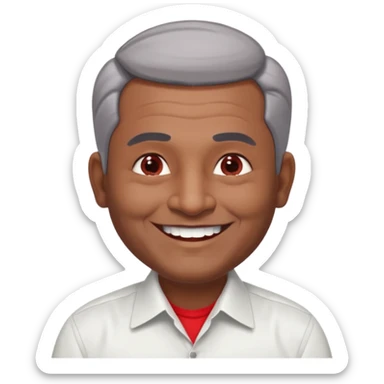 50 yr old indian man, dark skin, grey hair, big smile, white teeth, chubby, no moustache, clean shaven, young style hair, hair brushed back, 5 oclock shadow, bindy on forehead, dress shirt, red dot sticker