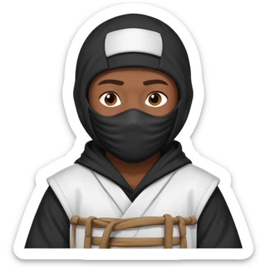 All white ninja robe with no black with white ski mask to cover face and neck with a hoodie on and dark brown skin color sticker