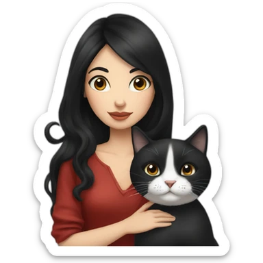 Russian woman with long black hair kissing black and white cat sticker