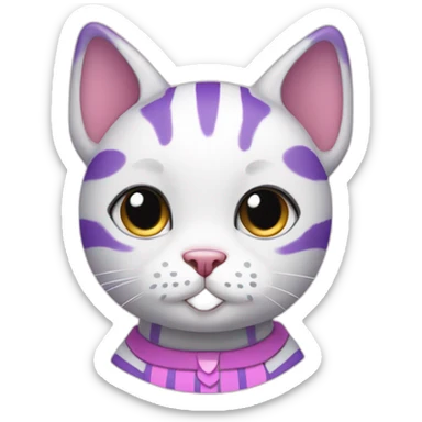 a white derpy cat with black hair on its head and pink and purple striped shirt and medium circle-shaped ears sticker