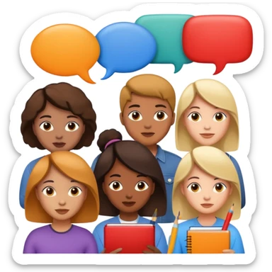 designers sharing ideas with speech bubbles and art supplies sticker