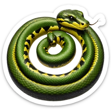 A photo-realistic top-down view of a Green Anaconda tightly coiled in a spiral, with its broad, flat head resting at the center. Its thick, muscular body is olive-green and covered in symmetrical, bold black oval spots that stand out against its smooth scales, creating striking natural camouflage. sticker