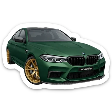 apple ios emoji style, matte dark green BMW M5 CS sports sedan, front three-quarter view, gold wheels, aggressive front bumper, soft 3D emoji rendering, glossy highlights, smooth gradients, simplified details, centered icon, white background, apple emoji design language, ultra clean, high resolution sticker
