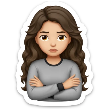 Hispanic light tan girl with long dark wavy hair with arms folded and pouting slightly. Wearing a long sleeve. sticker