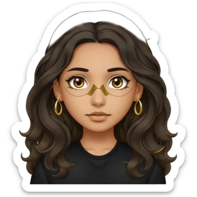 Girl with olive skin, very dark brown eyes and dark wavy long hair. wearing black shirt and gold nose piercing sticker