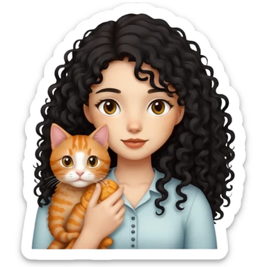 girl with long black curly hair holding a ginger cat sticker