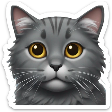 Fluffy dark grey cat with white spot under chin and a grey nose  sticker