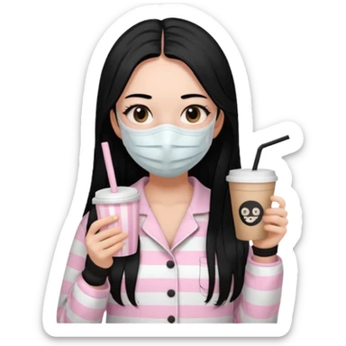 chica de pelo lacio color negro cabellera larga piyama blanca con rayas rosa claras peo no tan claras no oscuras el bordado es negro al igual que los botones )tiene una mascarilla para la carablanca y sostiene y cafe con bolitas nedras al dondo con unsorbete tranparente y es de test blanca  sticker