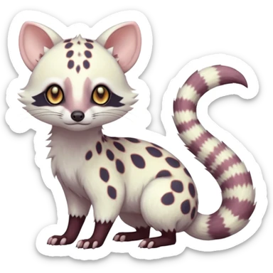 White Albino grey-spotted Civet-Genet-Trico-Furret-Linoone-Fakémon-Pokémon-animal-hybrid-fusion-creature (full body) with vibrant glowing eyes, cute, elegant, soft, realistic, pastel fur sticker