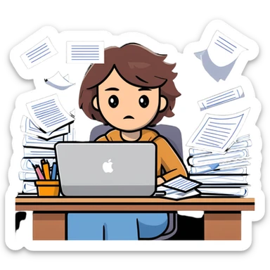 tired woman at a desk with a MacBook, surrounded by messy papers, emphasizing disorganization sticker