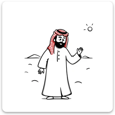 Arab man walking in desert, wearing white thobe and red checkered keffiyeh sticker