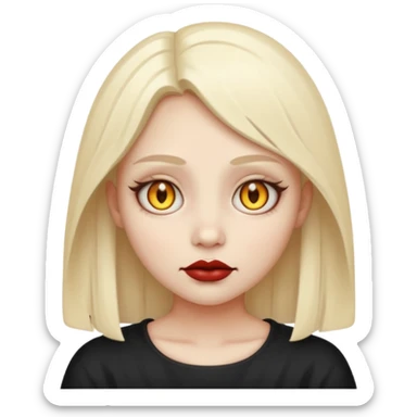 Stylized cult cartoon girl emoji, eerie-cute aesthetic, symmetrical design, subtle spooky vibe, glowing eyes, saying “AMILK”, bold graphic icon sticker