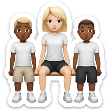 Five black guys in white t-Shirts and shorts standing around a white blonde women. She is sitting  sticker