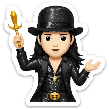 Slash from Gun n Roses with long jet black hair, black sequin outfit sticker