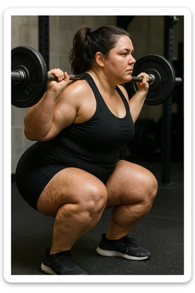 donna grassa con lipedema alle gambe che fa uno squat di profilo con bilanciere, IPERREALISTICA 4K sticker