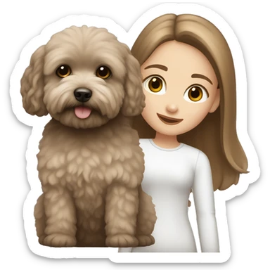 White Girl with brown long straight hair, holding a dark gray maltipoo with a white snout sticker
