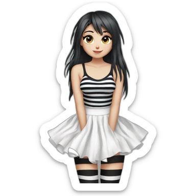 Frontal view curvy emo girl sits white skirt striped stockings hands up sticker