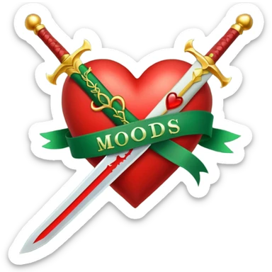 a red heart pierced by a green sword, with the golden text 'MODS' on a white ribbon sticker