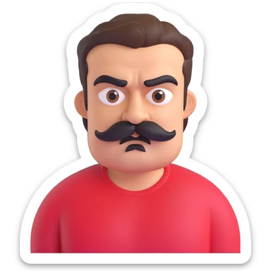 Recep İvedik, burly man with thick mustache, bushy eyebrows, red t-shirt, grumpy comedic expression, 3D emoji style sticker