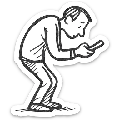 a man hunched over his cell phone, hand-drawn black outline style sticker