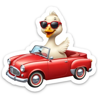 A cheerful goose wearing sunglasses, driving a vintage red convertible car with a big smile, wind blowing through its feathers, on a sunny day with a scenic background. sticker