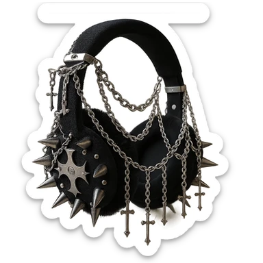 Add dramatic silver chains and dangling cross charms to the realistic black gothic headphones with velvet ear cups, silver spikes, and subtle cross motifs. Keep the background transparent. Maintain the realistic black gothic style with velvet texture and silver details. sticker