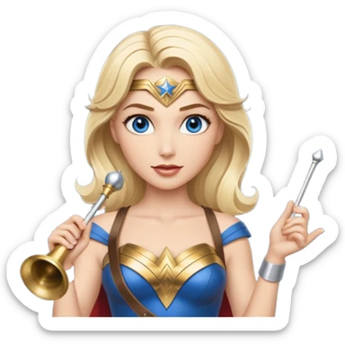Blonde blue eyed Wonder Woman holding white orchestra conductor’s baton and bell sticker