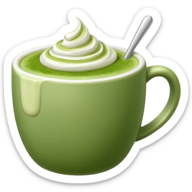 a cup of matcha latte with green frothy top sticker