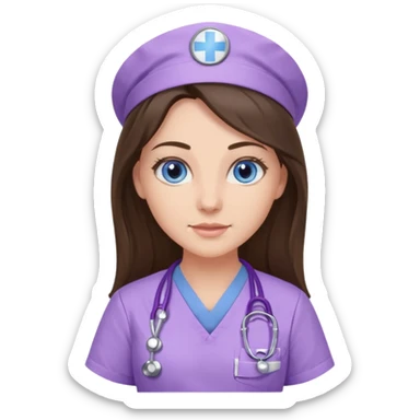 pretty brunette nurse with long hair and blue eyes in lilac scrubs sticker