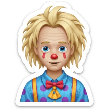 clown boy with messy very long long blonde hair blue eyes, designer shirt and hair pins sticker