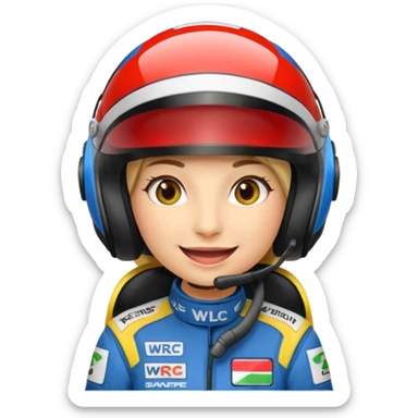 Je souhaiterai un emoji d'une femme, pilote de rallye WRC qui porte un casque et une combinaison aux couleurs de la marque LU sticker
