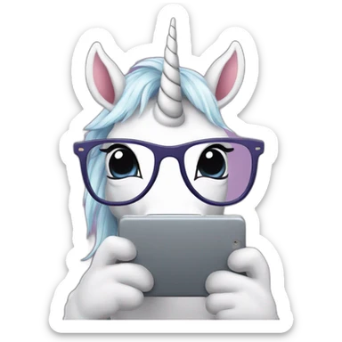 Unicorn with glasses reading a smartphone  sticker