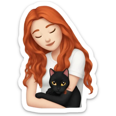 white girl with long red hair cuddling black cat sticker