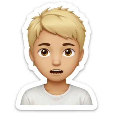 caramel skin color. Teen age. Short buzz, messy blonde hair, dark brown bushy eyebrows large expressive golden-brown eyes, brown skin color, scar over nose, wearing a plain white t-shirt. Mouth expression showing teeth sticker