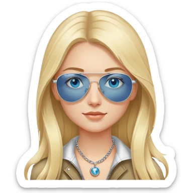 girl with long blond hair, blue eyes and aviator sunglasses wearing a ring on her silver necklace sticker