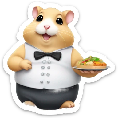 obese hamster holding a platter of food like a waiter sticker