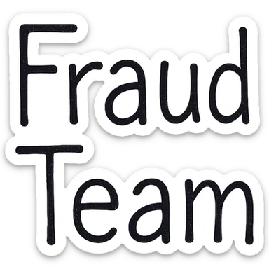 Remove any sad face or decoration, only keep the text. Make the text bold and stack the words with 'Fraud' on top and 'Team' underneath. Use black text on a white background, bold, clear, and easy to read for Slack emoji. sticker