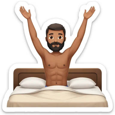 shirtless black beard man waking up out of bed stretching arms with sunshine in the back sticker