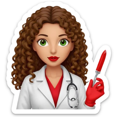 Spanish sexy evil woman. She has green eyes.  had brown long curly hair.  evil surgeon kills with scalpel wears red sexy doctor coat with red long mouth cover red gloves.  sticker