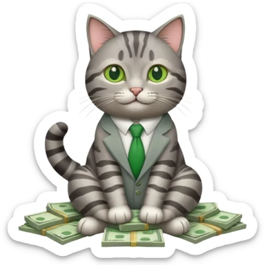 A business cat sitting on a pile of money, looking relaxed sticker