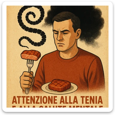 symbolic illustration: man holding fork with pork meat, behind him silhouette of tapeworm transforming into black cloud above head, text in Italian: 'Attenzione alla tenia e alla salute mentale', 4K quality sticker