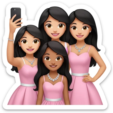 Just 3 besties with professional glammed up looks wearing pink and white, all medium skin tone smiling big with black long hair. Very girly wearing jewelry, taking a selfie  sticker