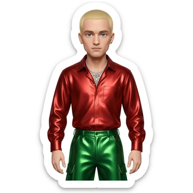 Eminem with blue eyes, blonde short hair, red metallic shirt, green metallic baggy pants, silver necklace sticker