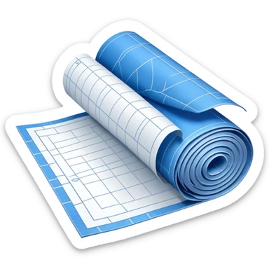 partially unrolled blue blueprint with white lines, side perspective sticker