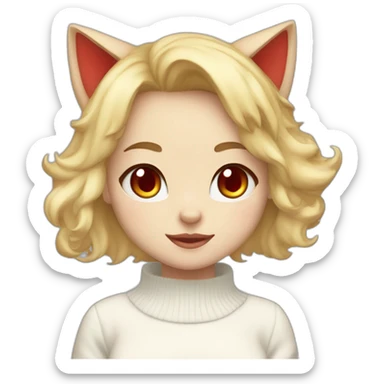 blonde-haired cat girl massive dome red eyes, cheeky expression, wearing a white sweater and a blue skirt sticker